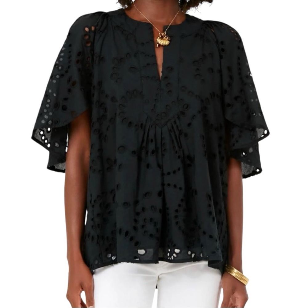 Tuckernuck Black Eyelet Flutter-Sleeve Blouse
